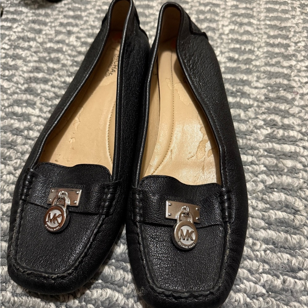 Michael Kors Black Leather Flats with Silver Detail
